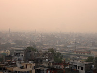 Fog engulfs the city skyline in Jaipur, Rajasthan, India, on November 20, 2024. (