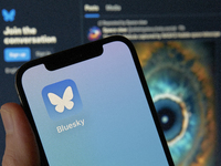 The image shows the icon of Bluesky, the new decentralized social network created by Twitter co-founder Jack Dorsey. . (