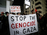 People demonstrate outside the U.S. Consulate in Tel Aviv, Israel, on November 20, 2024, ahead of a vote by the U.S. Senate on legislation t...