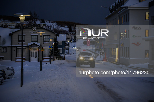 A car moves along one of the main streets in Husavik, Iceland, on November 19, 2024. 