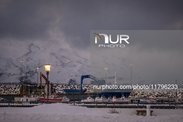 Panoramic view of the seaport near the town of Husavik in Iceland on November 19, 2024. 