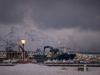 Panoramic view of the seaport near the town of Husavik in Iceland on November 19, 2024. (