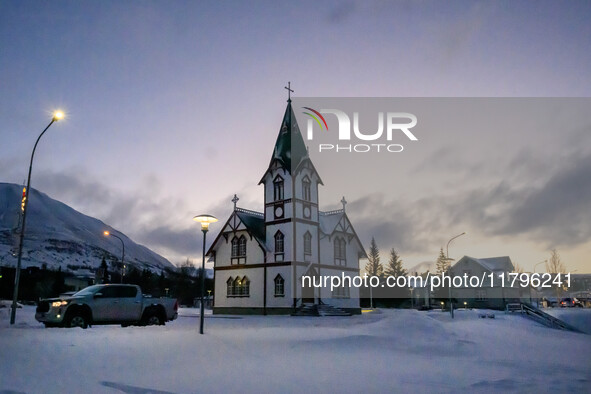 General view of the wooden church in the town of Husavik, Iceland, on November 19, 2024. 