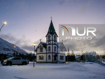 General view of the wooden church in the town of Husavik, Iceland, on November 19, 2024. (