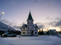 General view of the wooden church in the town of Husavik, Iceland, on November 19, 2024. (