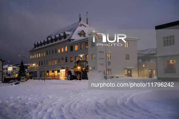 A snowplow cleans the streets in the town of Husavik, Iceland, on November 19, 2024. 