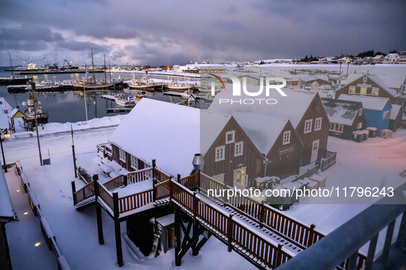 Panoramic view of the seaport near the town of Husavik in Iceland on November 19, 2024. 