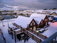 Panoramic view of the seaport near the town of Husavik in Iceland on November 19, 2024. (