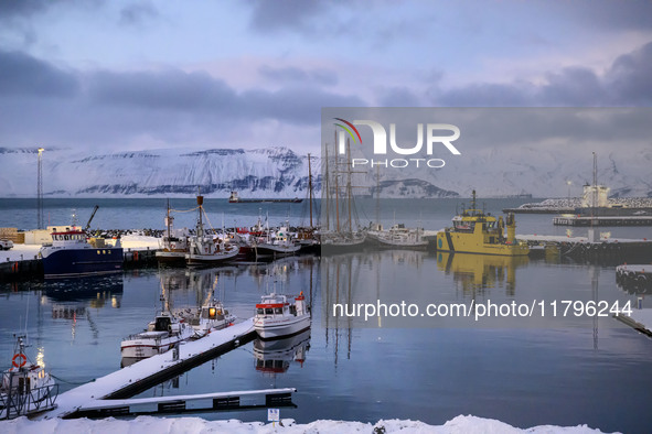 Panoramic view of the seaport near the town of Husavik in Iceland on November 19, 2024. 