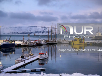 Panoramic view of the seaport near the town of Husavik in Iceland on November 19, 2024. (