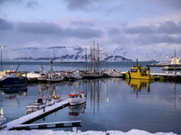 Panoramic view of the seaport near the town of Husavik in Iceland on November 19, 2024. (