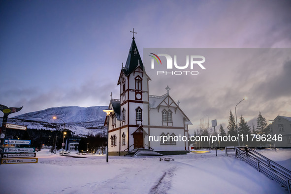 General view of the wooden church in the town of Husavik, Iceland, on November 19, 2024. 