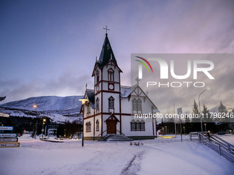 General view of the wooden church in the town of Husavik, Iceland, on November 19, 2024. (