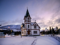 General view of the wooden church in the town of Husavik, Iceland, on November 19, 2024. (