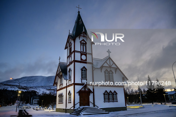 General view of the wooden church in the town of Husavik, Iceland, on November 19, 2024. 