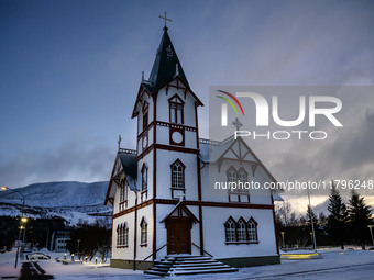 General view of the wooden church in the town of Husavik, Iceland, on November 19, 2024. (