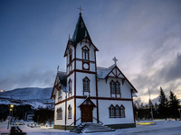 General view of the wooden church in the town of Husavik, Iceland, on November 19, 2024. (