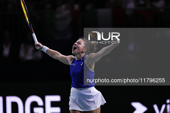 MALAGA, SPAIN - NOVEMBER 20: Jasmine Paolini of Team Italy celebrates the victory after winners her singles match against Rebecca Sramkova o...