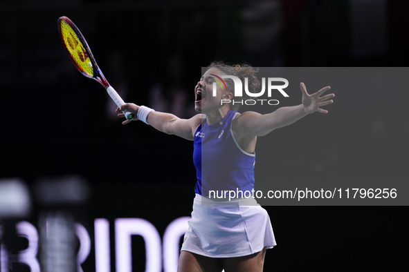 MALAGA, SPAIN - NOVEMBER 20: Jasmine Paolini of Team Italy celebrates the victory after winners her singles match against Rebecca Sramkova o...