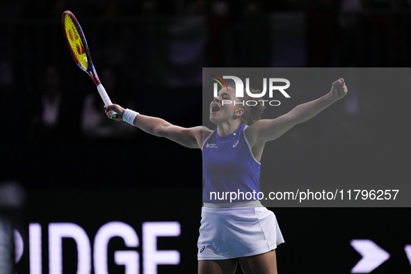 MALAGA, SPAIN - NOVEMBER 20: Jasmine Paolini of Team Italy celebrates the victory after winners her singles match against Rebecca Sramkova o...