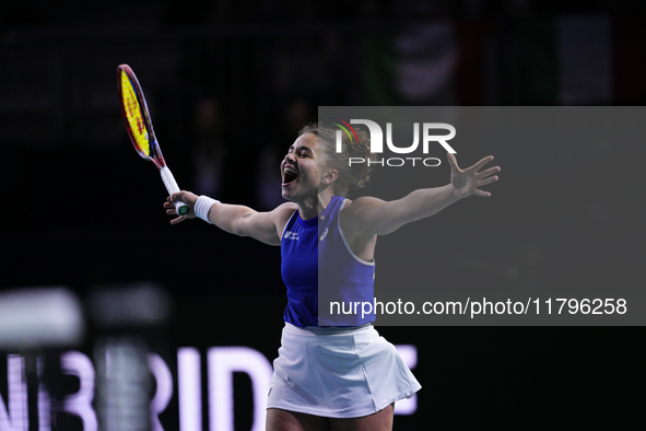 MALAGA, SPAIN - NOVEMBER 20: Jasmine Paolini of Team Italy celebrates the victory after winners her singles match against Rebecca Sramkova o...