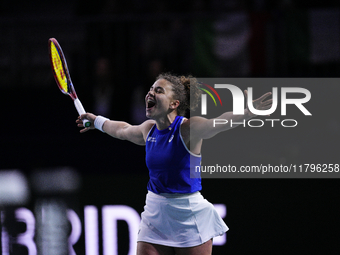 MALAGA, SPAIN - NOVEMBER 20: Jasmine Paolini of Team Italy celebrates the victory after winners her singles match against Rebecca Sramkova o...