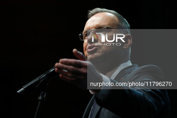 In Krakow, Poland, on November 17, 2024, President of the Republic of Poland Andrzej Duda attends the Gala of the 35th Anniversary of the Sc...