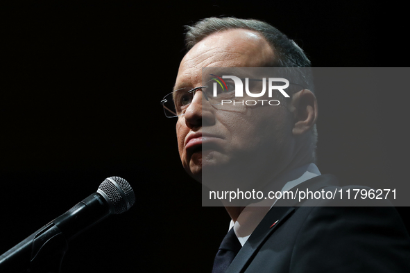 In Krakow, Poland, on November 17, 2024, President of the Republic of Poland Andrzej Duda attends the Gala of the 35th Anniversary of the Sc...