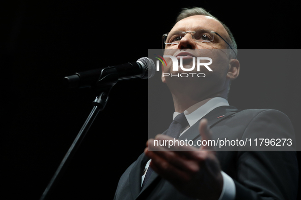 In Krakow, Poland, on November 17, 2024, President of the Republic of Poland Andrzej Duda attends the Gala of the 35th Anniversary of the Sc...