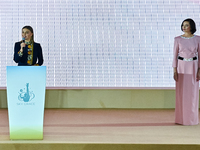 Olympic champion and President of the International Association Sky Grace, Alina Kabayeva, addresses the audience during the opening ceremon...