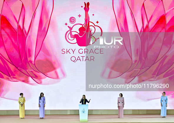 Olympic champion and President of the International Association Sky Grace, Alina Kabayeva, addresses the audience during the opening ceremon...