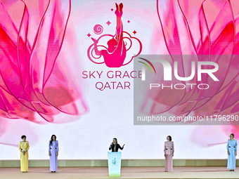 Olympic champion and President of the International Association Sky Grace, Alina Kabayeva, addresses the audience during the opening ceremon...