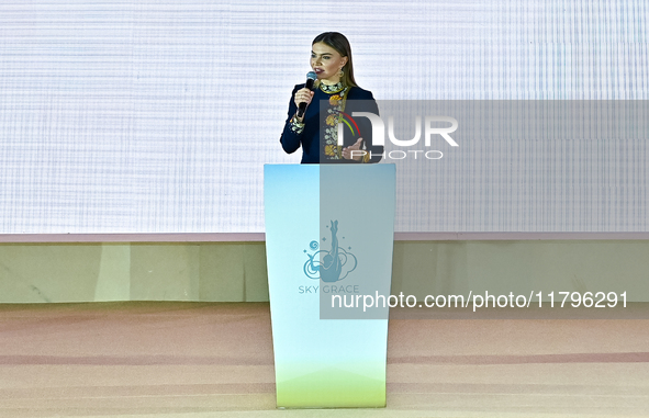 Olympic champion and President of the International Association Sky Grace, Alina Kabayeva, addresses the audience during the opening ceremon...