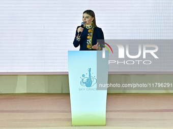 Olympic champion and President of the International Association Sky Grace, Alina Kabayeva, addresses the audience during the opening ceremon...