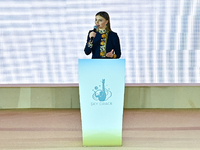 Olympic champion and President of the International Association Sky Grace, Alina Kabayeva, addresses the audience during the opening ceremon...