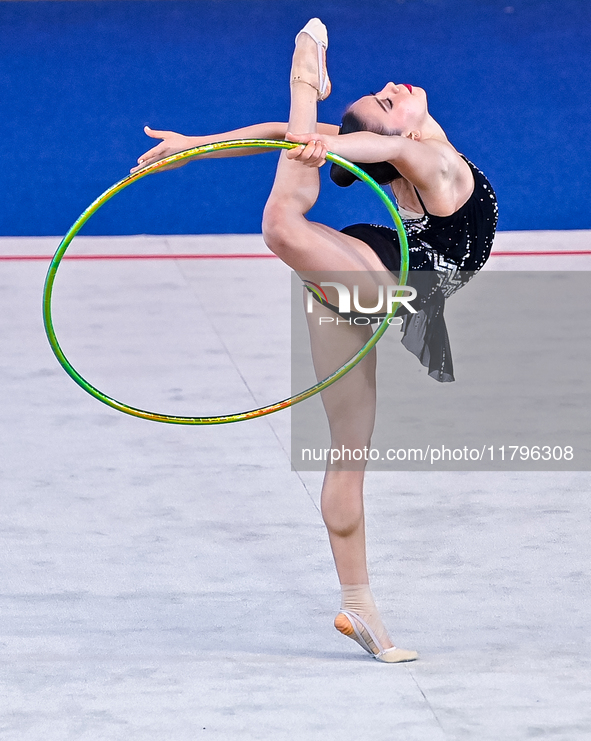 Manuela Gallego of Colombia performs the Hoop exercise during the International Rhythmic Gymnastics Tournament ''Sky Grace 2024'' at Aspire...