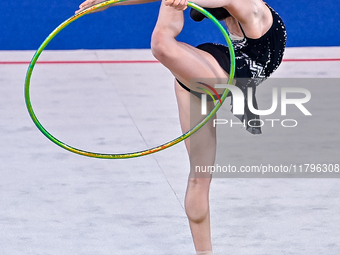 Manuela Gallego of Colombia performs the Hoop exercise during the International Rhythmic Gymnastics Tournament ''Sky Grace 2024'' at Aspire...