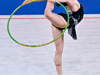 Manuela Gallego of Colombia performs the Hoop exercise during the International Rhythmic Gymnastics Tournament ''Sky Grace 2024'' at Aspire...