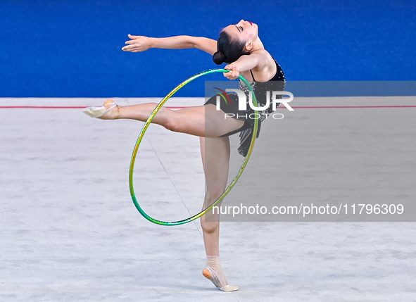 Manuela Gallego of Colombia performs the Hoop exercise during the International Rhythmic Gymnastics Tournament ''Sky Grace 2024'' at Aspire...