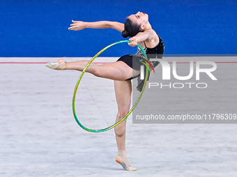 Manuela Gallego of Colombia performs the Hoop exercise during the International Rhythmic Gymnastics Tournament ''Sky Grace 2024'' at Aspire...