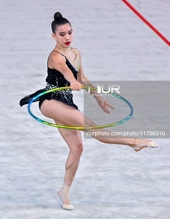 Manuela Gallego of Colombia performs the Hoop exercise during the International Rhythmic Gymnastics Tournament ''Sky Grace 2024'' at Aspire...