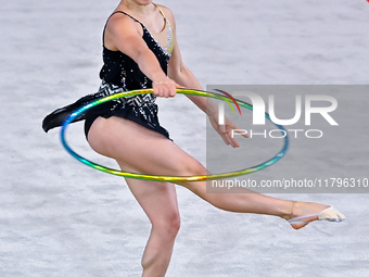 Manuela Gallego of Colombia performs the Hoop exercise during the International Rhythmic Gymnastics Tournament ''Sky Grace 2024'' at Aspire...