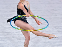 Manuela Gallego of Colombia performs the Hoop exercise during the International Rhythmic Gymnastics Tournament ''Sky Grace 2024'' at Aspire...