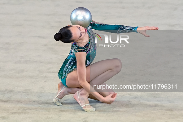 Kondrashina Anna of Belarus performs the Ball exercise during the International Rhythmic Gymnastics Tournament ''Sky Grace 2024'' at Aspire...