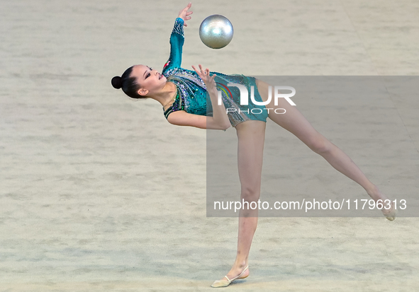 Kondrashina Anna of Belarus performs the Ball exercise during the International Rhythmic Gymnastics Tournament ''Sky Grace 2024'' at Aspire...