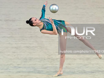 Kondrashina Anna of Belarus performs the Ball exercise during the International Rhythmic Gymnastics Tournament ''Sky Grace 2024'' at Aspire...