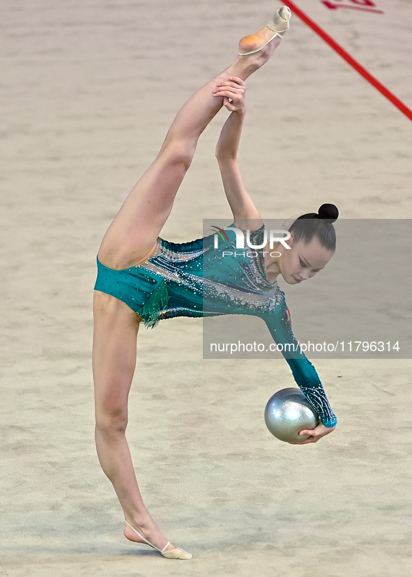 Kondrashina Anna of Belarus performs the Ball exercise during the International Rhythmic Gymnastics Tournament ''Sky Grace 2024'' at Aspire...