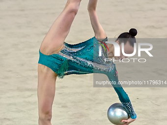 Kondrashina Anna of Belarus performs the Ball exercise during the International Rhythmic Gymnastics Tournament ''Sky Grace 2024'' at Aspire...