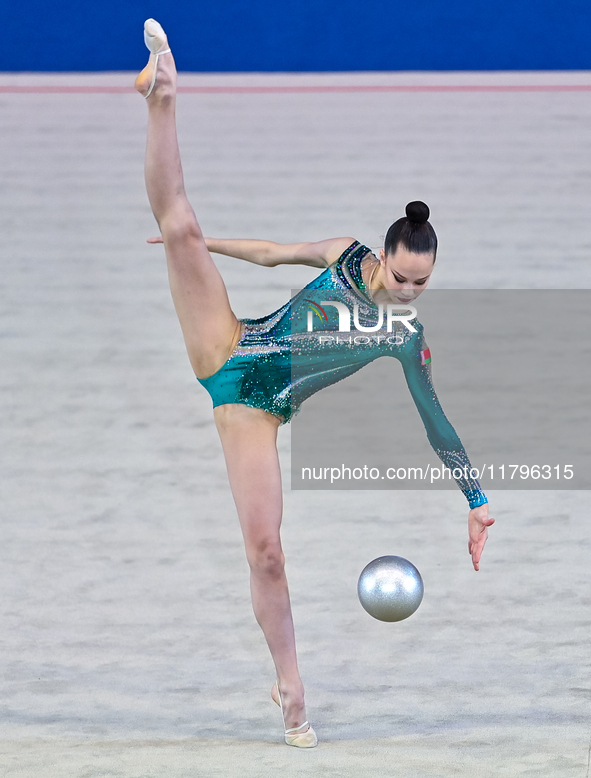 Kondrashina Anna of Belarus performs the Ball exercise during the International Rhythmic Gymnastics Tournament ''Sky Grace 2024'' at Aspire...