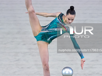 Kondrashina Anna of Belarus performs the Ball exercise during the International Rhythmic Gymnastics Tournament ''Sky Grace 2024'' at Aspire...